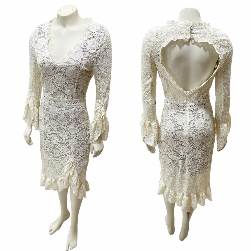 Joyfolie Zena Lace Midi High Low Dress Bell Sleeve Cream Boho Open Back XS